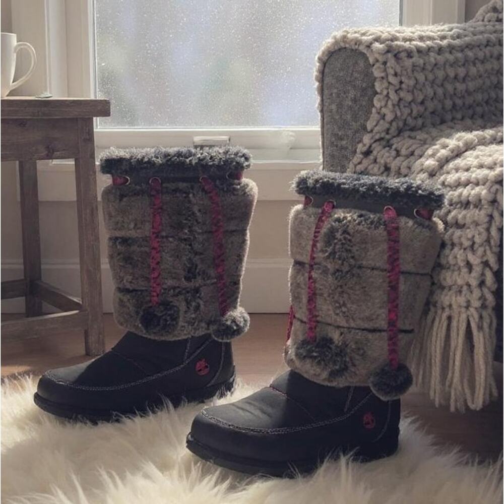 Timberland Winterberry Faux Fur Leather Boots Tall Black Girls Youth 4.5